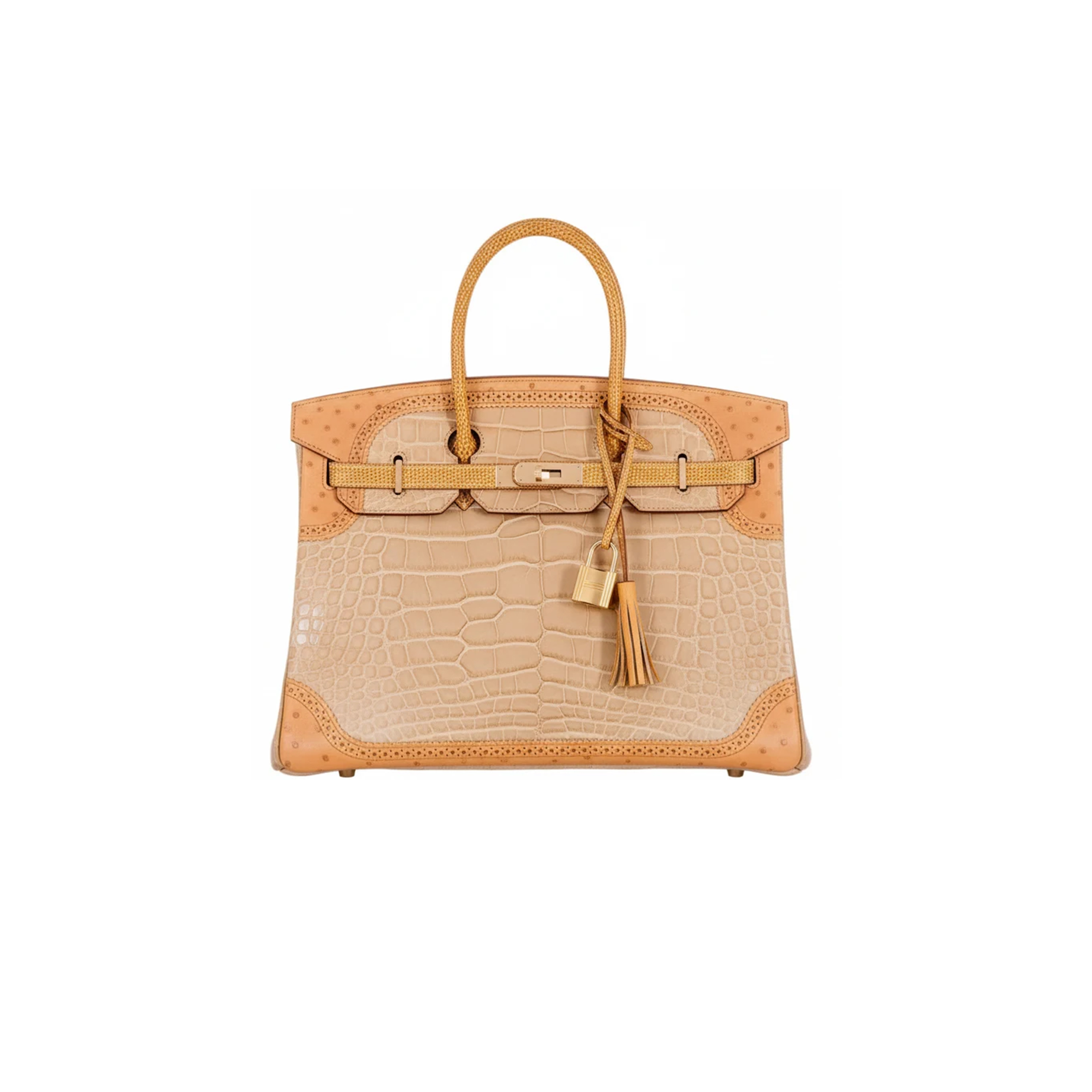 H**mes MASTER BIRKIN 35 GHILLIES GRAND MARRIAGE POUSSIÈRE MATTE ALLIGATOR TABAC CAMEL OSTRICH SESAME LIZARD PERMABRASS HARDWARE (35*25*18cm)